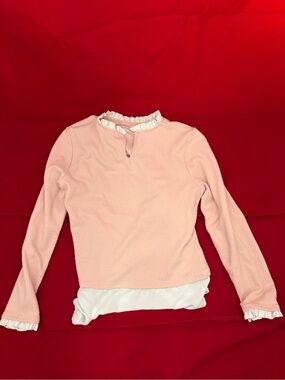 Ellie Women's Large Blush Pink Textured Blouse Ruffle Neck Layered Hem Top